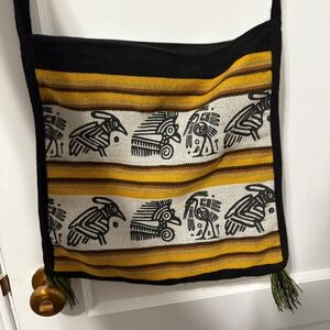 Woven Bird Motif Crossbody Bag Yellow Black Tribal Andean Style Tassel Purse